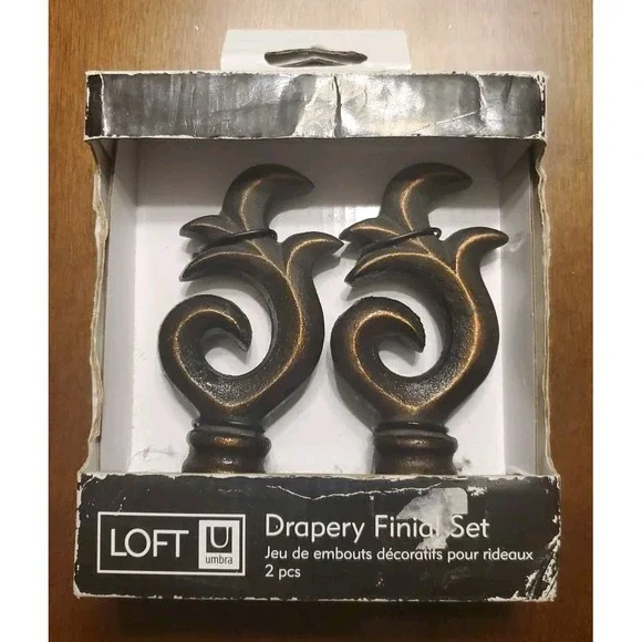 Umbra Drapery Decorative Curtain Finials Scroll Bronze Metal Heavy Set of‎ 2