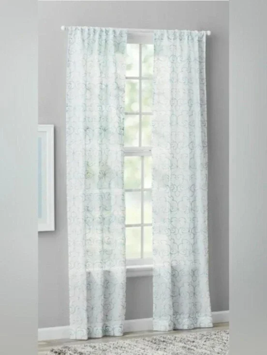 Mainstays Sheer Panel in White with Light Blue Scroll Pattern