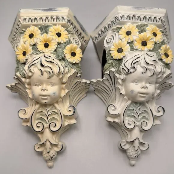 Vintage Cherub Curtain Rod Holders Wall Sconces Set 2 Resin Shabby Chic Floral