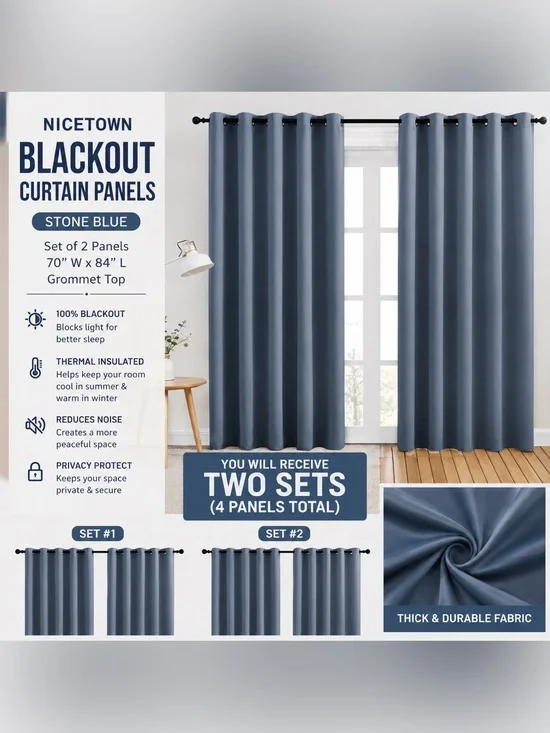 NICETOWN Stone Blue Blackout Curtain Panels – 2 Sets (4 Panels Total) 70” x 84”