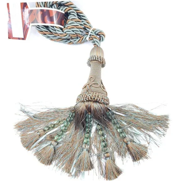 Gold & Sage Beaded Tassel Curtain Tieback