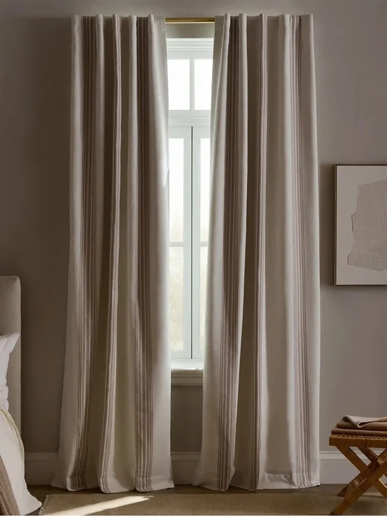 NWT QUINCE Set 2 48x108 Coastal Stripe Linen Cotton True Blackout Curtains 9231