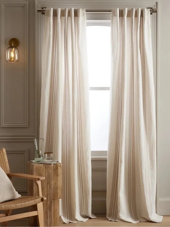 NWT QUINCE Set Of 2 48x84 Coastal Stripe Linen Cotton Curtains Ivory/Brown 9228