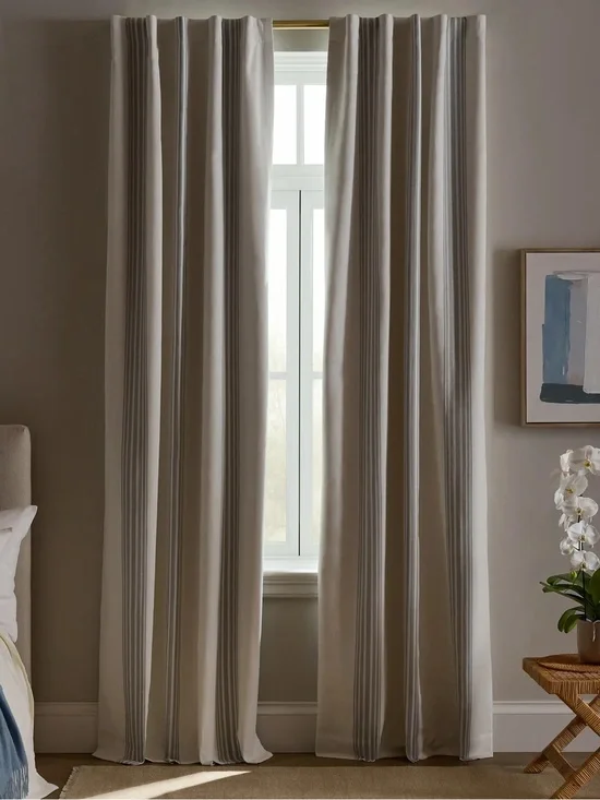 QUINCE Set Of 2 48x92 Coastal Stripe Linen Cotton True Blackout Curtains 9203