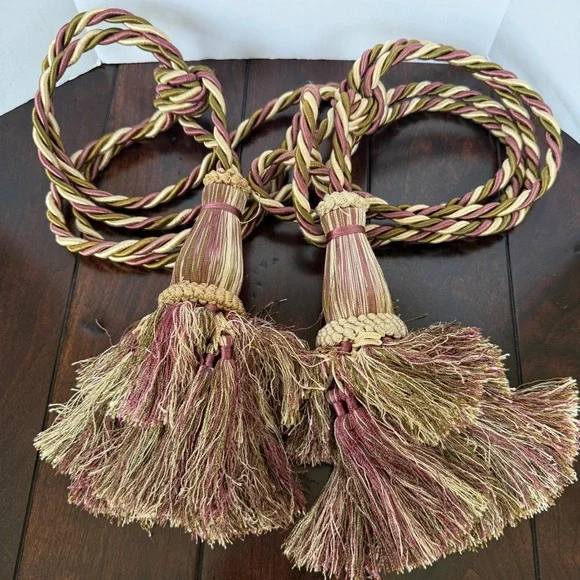 Vintage Large Tassel Curtain Tiebacks Pair Burgundy Gold Cream Twisted Rope 2pc