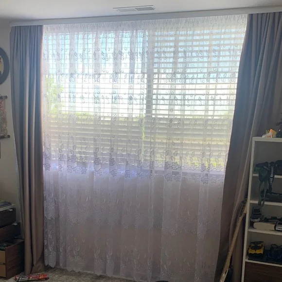 White Sheer Lace Window Curtain Panel with Neutral Side Drapes