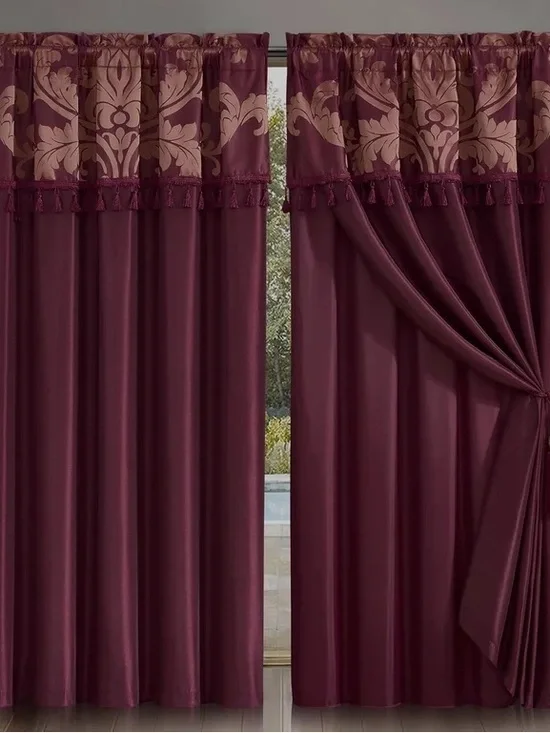 Elegant Damask Valance Blackout Curtain Panel in Burgundy
