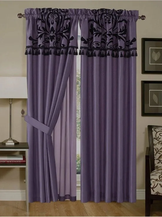 Purple Window Curtain Panel Set with Black Damask Valance