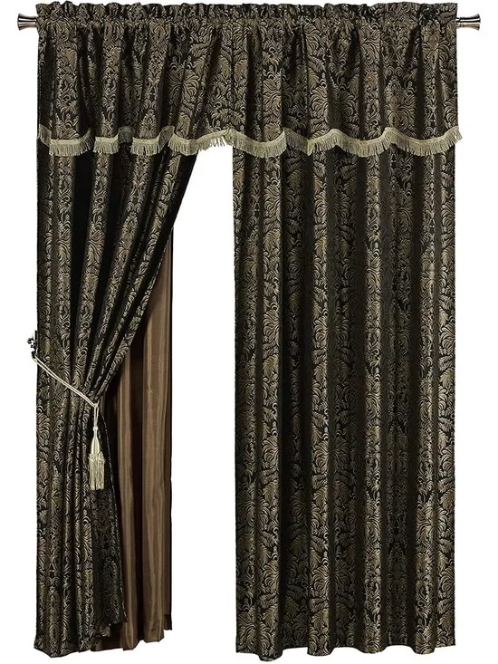 Elegant Black and Gold Jacquard Window Curtain Panel with Tassel Tieback