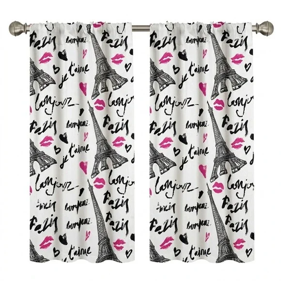 Ambesonne Paris Eiffel Tower Curtains 2 Panel Set White Pink Black 56x84 NEW
