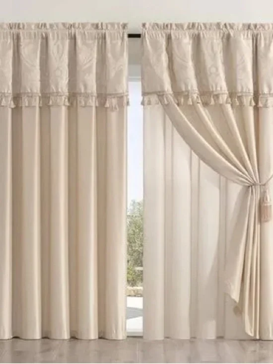 Elegant Cream Layered Window Curtain Set with Valance
