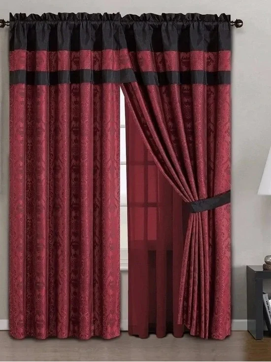 Elegant Red and Black Damask Curtain Panel set