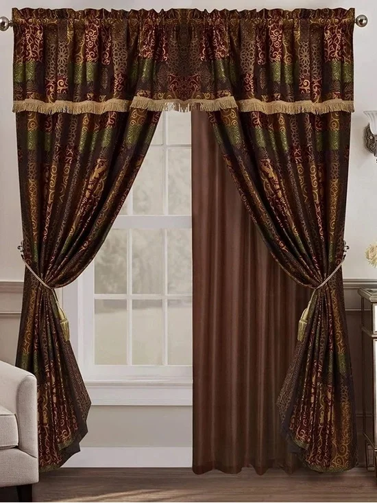 Elegant Brown Jacquard Window Curtain Set with Gold Trim set