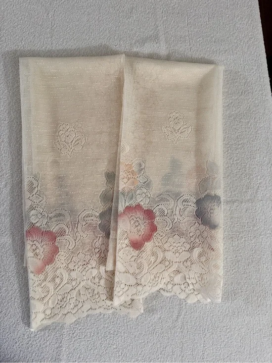 Lace Sheer Curtains with Floral Ombre Detail - Cream and Pink