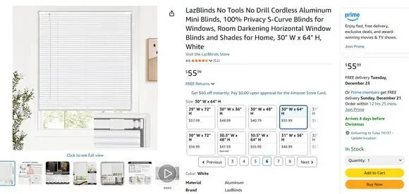No Drill Cordless Aluminum Mini Blinds S-Curve Blinds Darkening  30