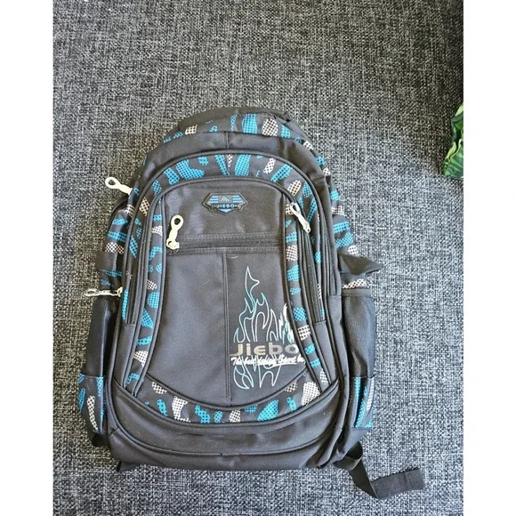 Jiebo Sport Backpack Unisex Large Black Blue Flame Graphic School Gym