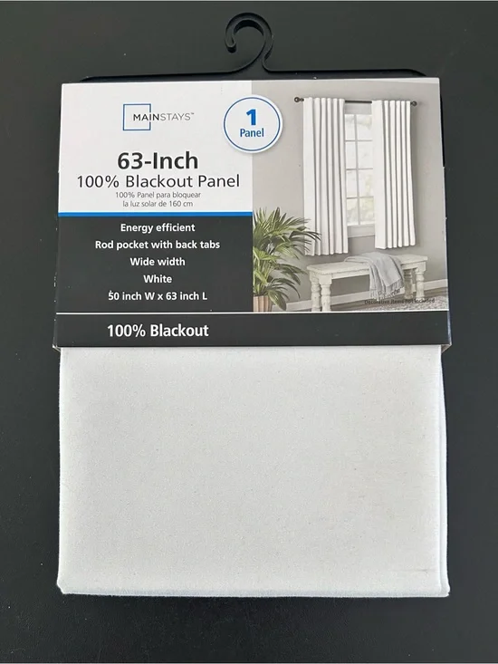 Mainstays 63” Blackout Curtain Panel White Rod Pocket Energy Efficient New