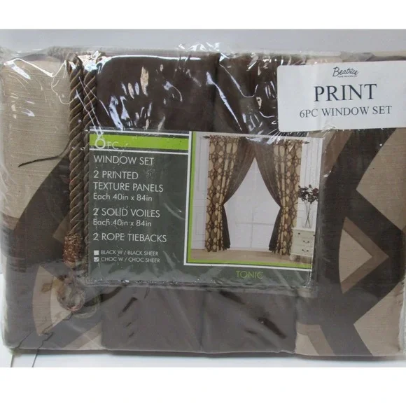 NEW Beatrice Home Fashions Inc 6pc Window Set Chocolate Brown w/ Chocolate Sheer