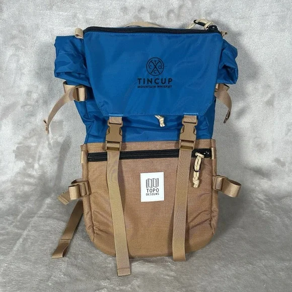 New Topo Designs Rover Pack Backpack Blue Tan Roll Top Laptop Hiking Travel Bag