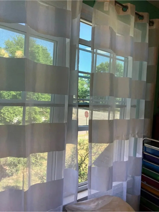 Four Sheer Striped White Window Curtain Panels- Duck River