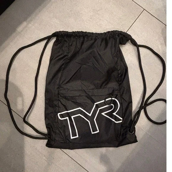 TYR Drawstring Backpack Black Cinch Bag Swim Gym Sack with Front Zipper Pocket