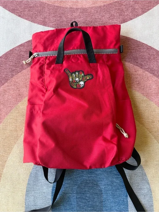 Red Men's Backpack with Shaka Patch( custom put on)