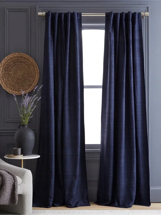 NWT QUINCE Set Of 2 48x108 Raw Silk Blackout Curtains Navy 8994