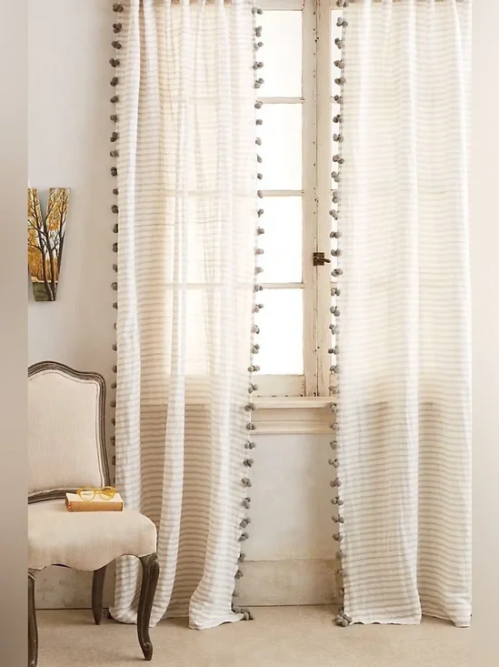 Anthropologie Pom Tassel Striped Curtain Grey