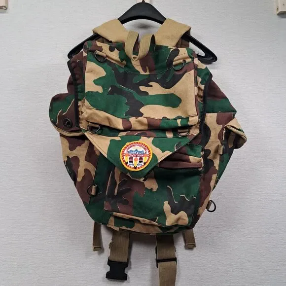 Woodland Camo Canvas Rucksack Backpack Vintage Scout Patch Gorpcore Daypack