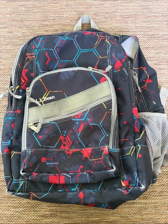 L.L. Bean Black Backpack with Red and Blue Geometric Print
