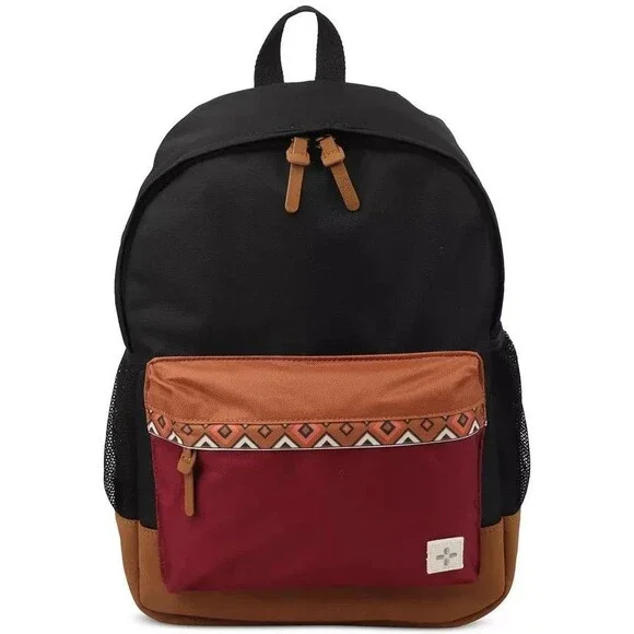 SUN + STONE Black Maroon Backpack Colorblock Canvas School Laptop Bookbag RILEY