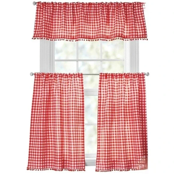 NEW Pioneer Woman Red Gingham Small Window Cafe Curtain Set 3pc‎ Pom Pom Trim