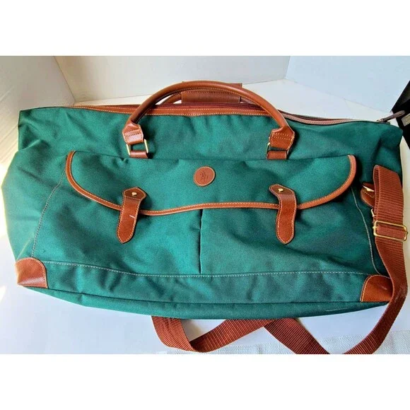 Polo Ralph Lauren Green Canvas Leather Trim Garment Duffle Bag Carry On Travel