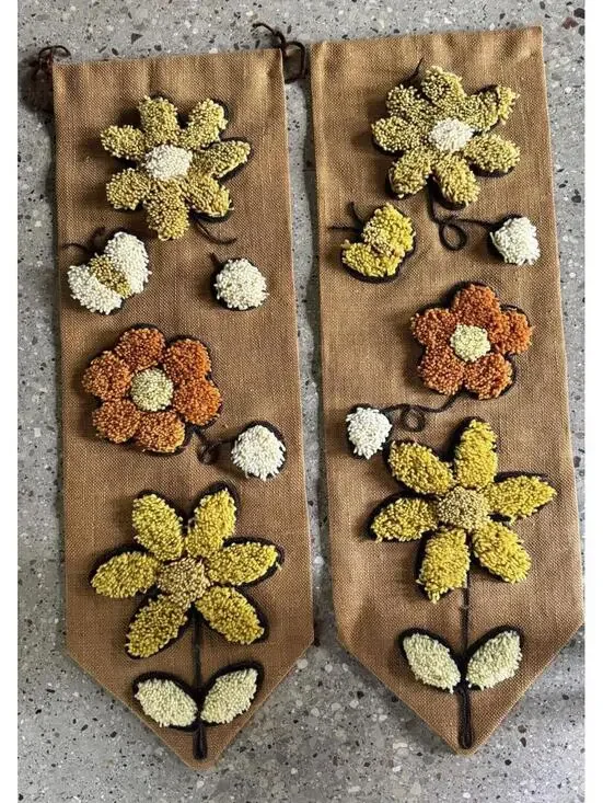 Groovy Vintage 1970s Latch Hook Burlap Wall Hangings - Pair
