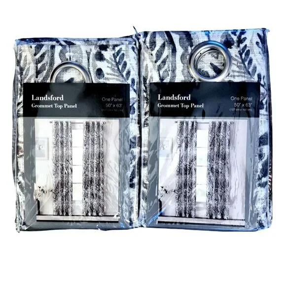 NWT Set of 2 Landsford Grommet Top Curtain Panels 50”x63” Natural Blue Floral