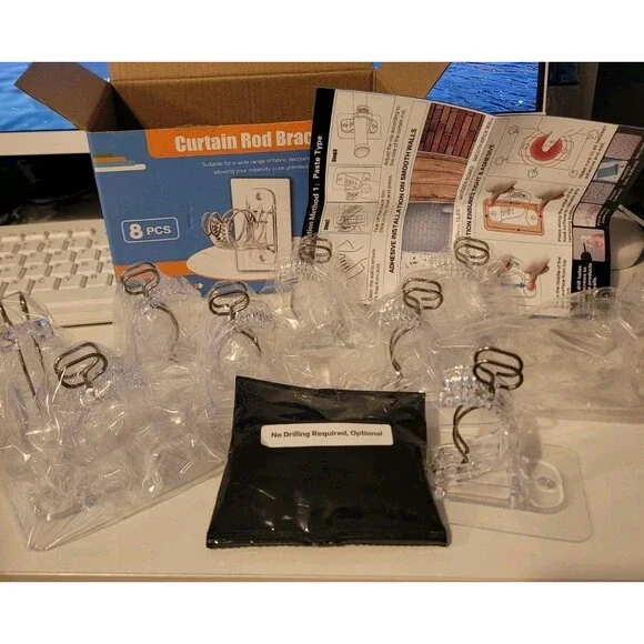 Curtain Rod Bracket Set, Adhesive Or Hardware Installable, Clear, 8pk