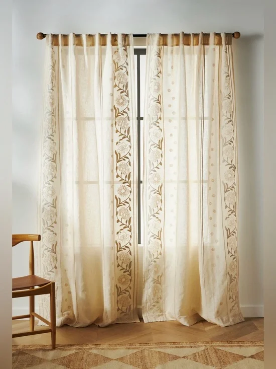 Anthropologie Manette Embroidered Cotton Linen Sheer Curtain, Neutral, 1 Panel