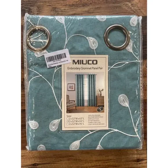 MIUCO Floral Embroidered Semi-Sheer Linen Grommet Curtains  52 x 84 Panel Set