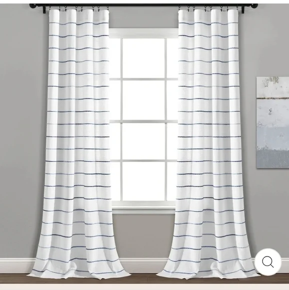 New! Lush Decor Ombre Stripe White Blue to Gray Accent Trim 2 Panel Set Curtains