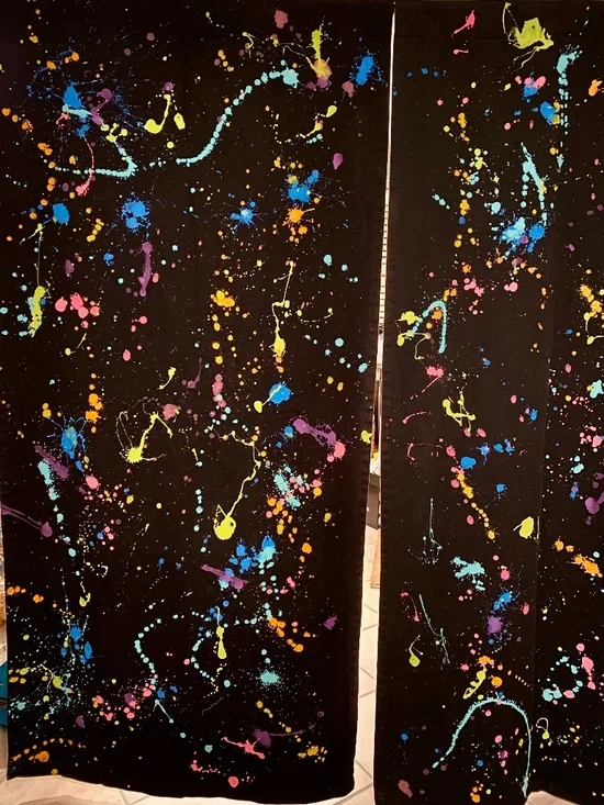 🫟 38 x 78 or 41 x 61 Black Curtains 😎 2 Panels in each set 💥 80’s Splat Neon
