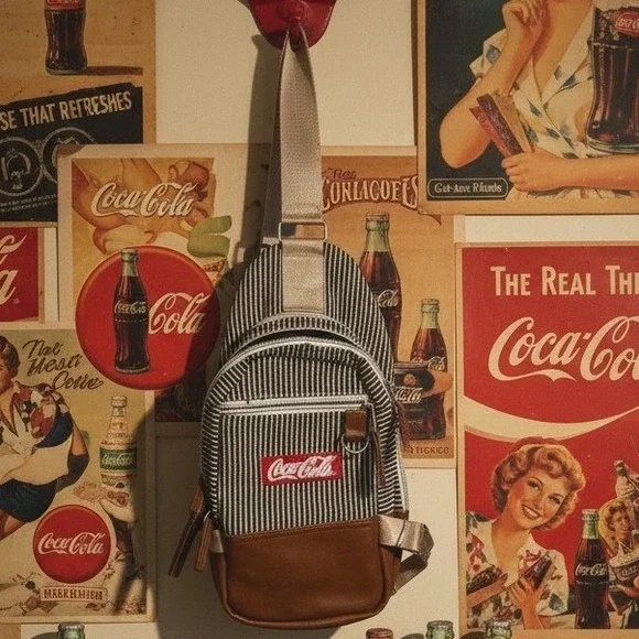 Coca-Cola Sling Bag Hickory Stripe Canvas Brown Faux Leather Crossbody Backpack