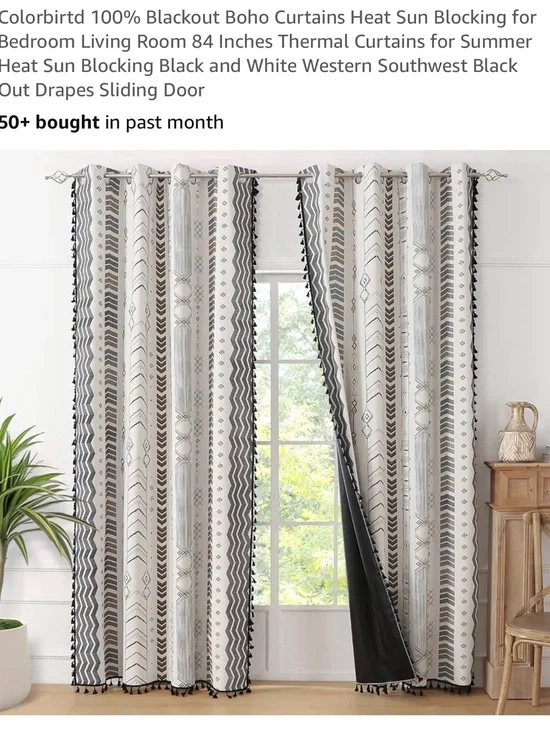 Open Box Boho White Black Out Curtains 84x 52 Pair Fringed Tassle