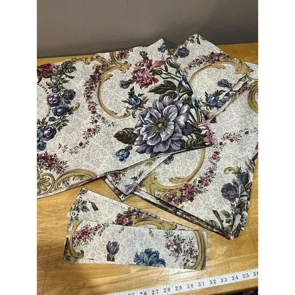 Vtg Floral Gold Scroll Drapery Set Cottage‎ Garden French Tieback Valance Panels
