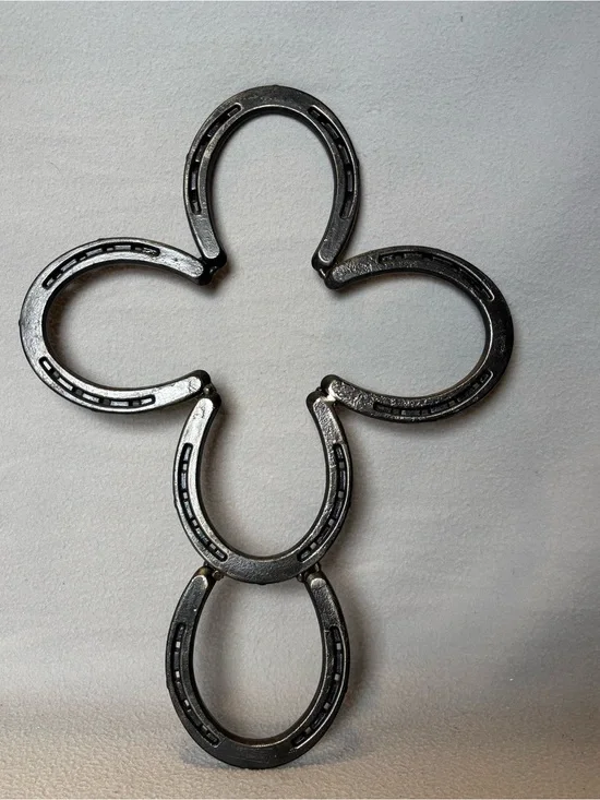 Decorative Horseshoe Clover Cross Sculpture Wall Hanging Art - Silver Metal