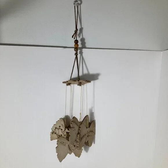Vintage Art Pottery Butterfly Wind Chimes Leaf Imprint Beads 16