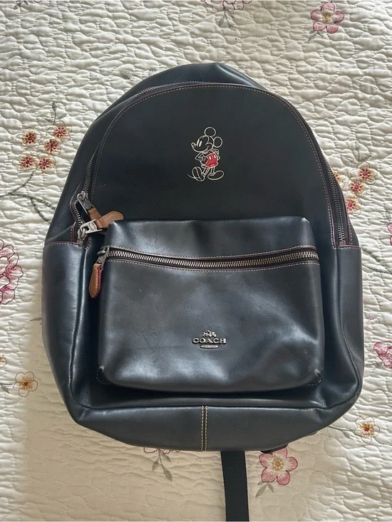 Coach Black Leather Backpack with Mickey Mouse Accent
