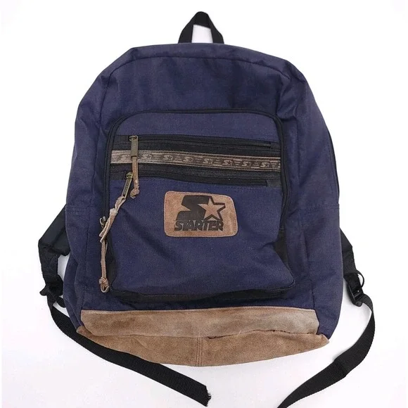 Vintage 90s Starter Backpack Dark Blue Suede Leather Bottom‎ Accents