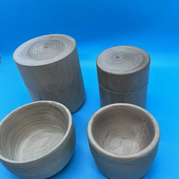 Hand Turned Small Wood Trinket Container Box With Lid open tiny bowls light
