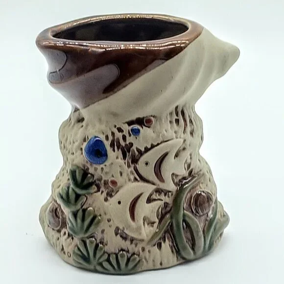 Brown Tan Glazed Pottery Fish Vase Planter