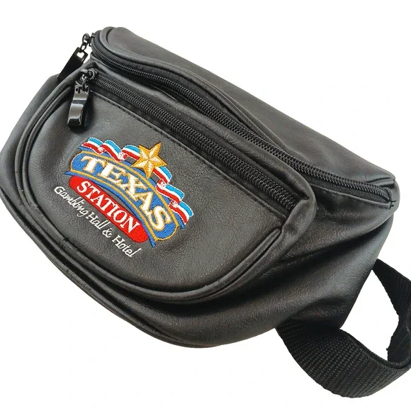 Texas Station Gambling Hall Black Leather Fanny Pack Waist Bag Vintage Promo